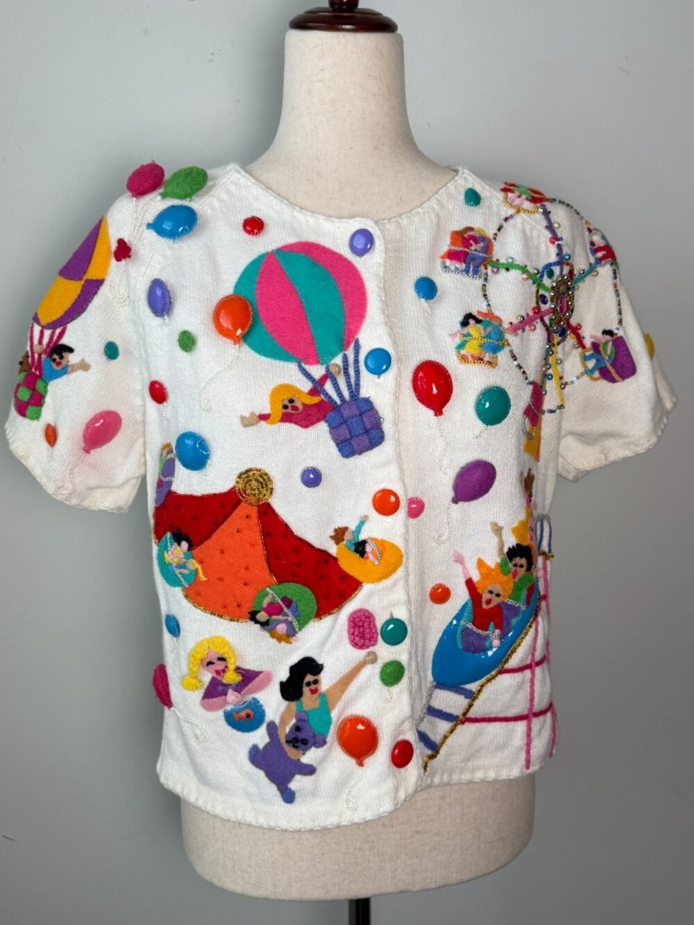 Michael Simon Carnival Sweater Button Front Short Sleeve Cardigan M Vintage RARE